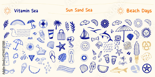 Collection of hand drawn summer beach icons and symbols for vacation and relaxation