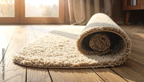 Rolled up beige carpet on a wooden floor with sunlight.