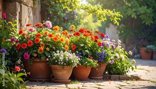 Blooming flower pots in a sunlit outdoor garden path