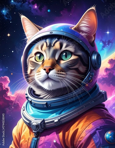 A tabby cat in a vibrant space suit, gazing into the cosmos