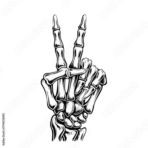 Hand drawn vector illustration of human hands showing peace gesture with x-ray anatomy style