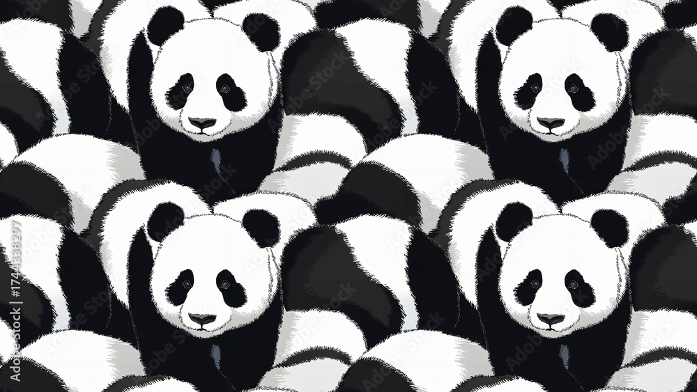 Obraz premium Panda bears pattern in a repeating sequence showing many cuddly bears in an adorable background animal design illustration template seamless texture