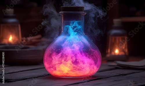 Magical potion bottle with colorful smoke and flames