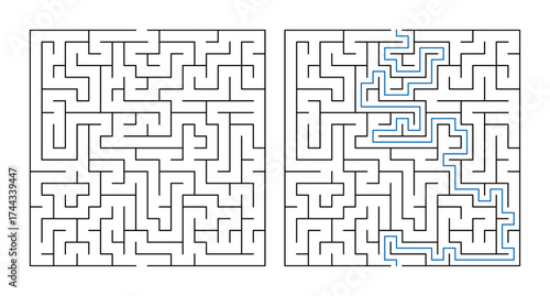 Labyrinth maze puzzle with solution illustrated on a grid layout  
