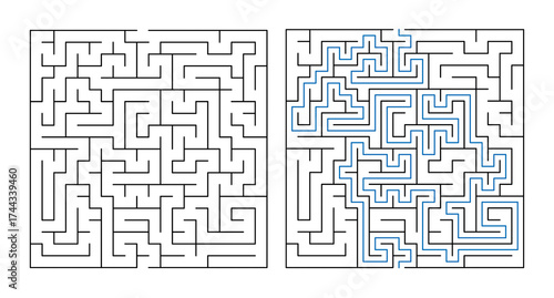 Labyrinth puzzle with solution highlighted in blue on a white background  