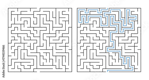Labyrinth puzzle with pathways showing solutions in a maze  