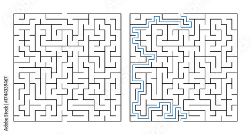 Labyrinth game maze puzzle solution with pathways and lines  