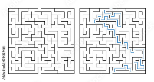 Labyrinth puzzle with solution and complex maze design  