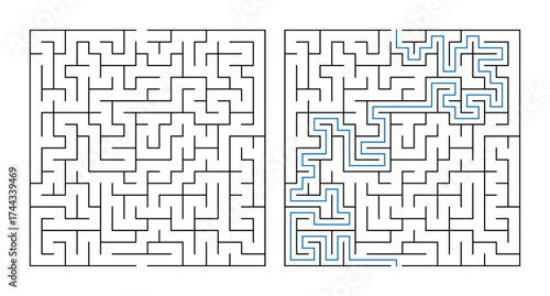 Labyrinth puzzle design with solution path shown in blue highlight  