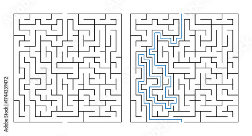 Labyrinth maze design with solution highlighted in blue  