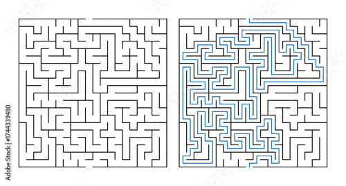 Labyrinth puzzle with two maze designs and highlighted solution path  