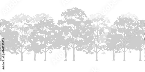 Seamless pattern of stylized deciduous trees in varying shades of gray against a white background