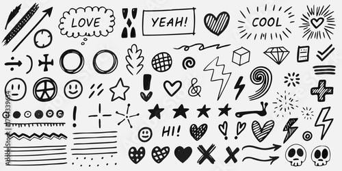 Collection of hand drawn black doodle icons and symbols on white background