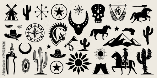 Collection of western and cowboy themed icons and symbols in silhouette style