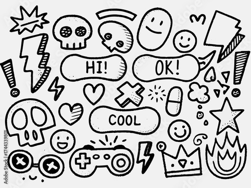 Collection of hand drawn doodle icons and symbols including skulls lightning bolts hearts smiley faces and game controller