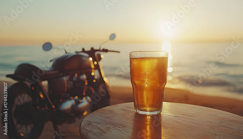 Sunset motorcycle beach drink travel lifestyle photo