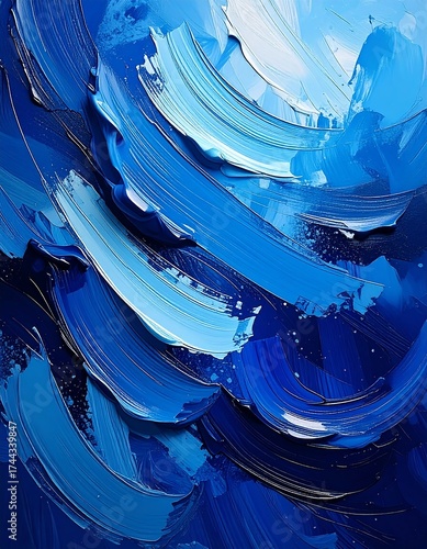 Abstract swirling paint strokes in shades of blue