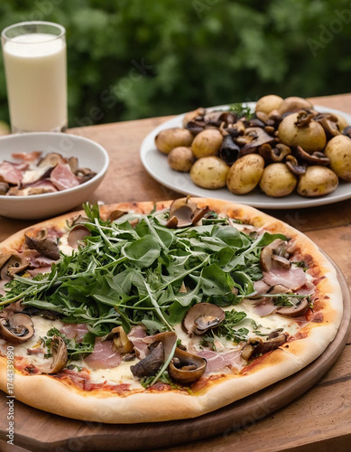 Italian pizza with cured prosciutto and sautéed mushrooms