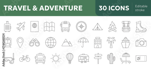 Collection of 30 travel icons for adventure and vacation themed design