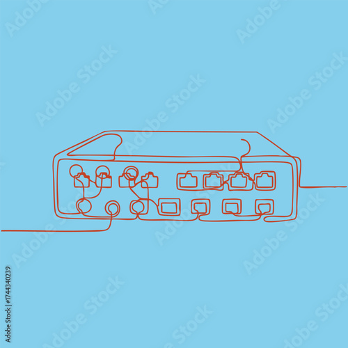 Single continuous line drawing of a power strip with multiple outlets and plugs on a light blue