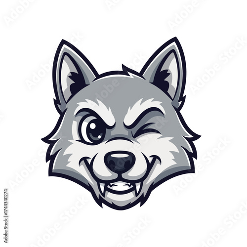 Winking wolf mascot head with a mischievous grin isolated on white background