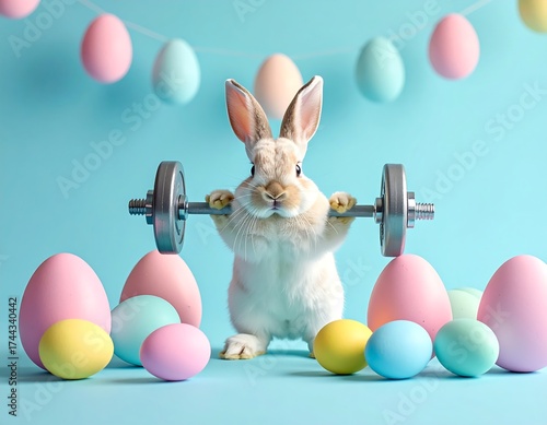 A fluffy bunny lifts weights, surrounded by pastel eggs