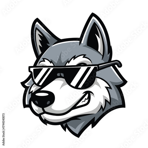 Cool wolf wearing sunglasses, cartoon style, isolated on white background