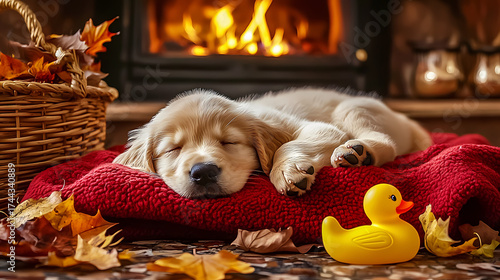 Puppy sleeping in fireplace