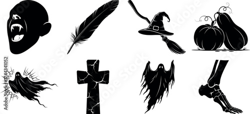 Foto Vector art of assortment of eerie halloween symbols like a screaming face and a