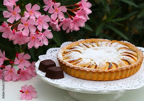 Delicious homemade apple tart dusted with powdered sugar, served on a white doily with two dark chocolate pieces and pink oleander flowers