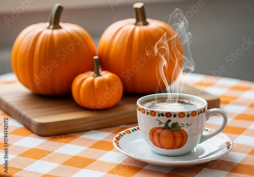 Cozy autumn scene with three pumpkins and a steaming cup of coffee on a checkered tablecloth, evoking warmth and the fall season