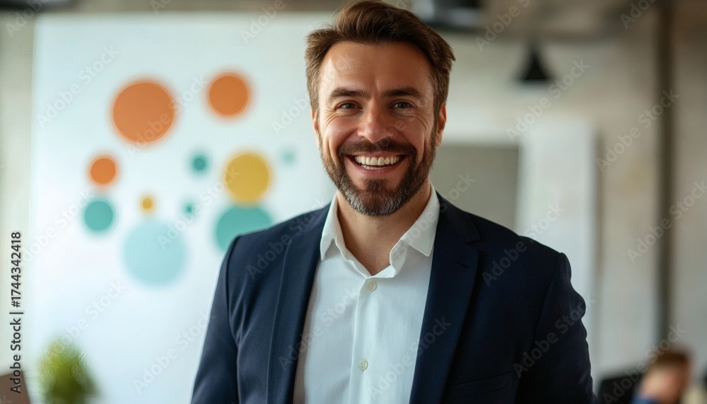 Fototapeta premium The image shows a man in a dark suit and white shirt, smiling broadly at the camera in a brightly lit office setting.