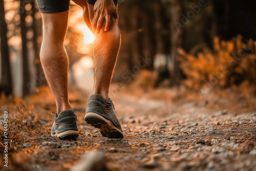 Runner pauses on trail with knee pain. Golden sunlight filters through trees. Hiking shoes visible.