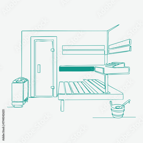 Minimalist Sauna Room with Wooden Bench, Buckets, and Shelves for Relaxation and Wellness