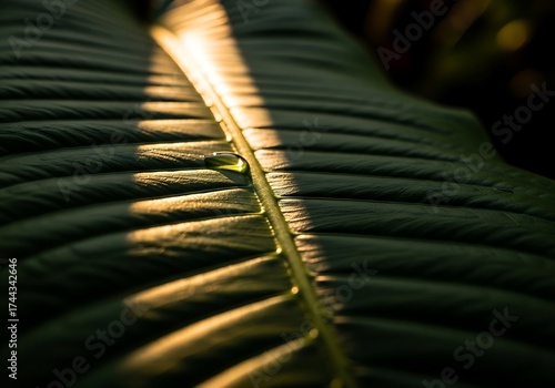 Closeup of a large green leaf with a prominent central vein, illuminated by a shaft of golden sunlight, highlighting its textured surface and a small droplet of water