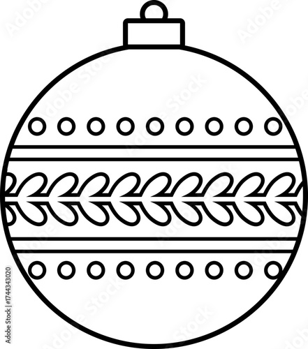 Christmas round hanging ball with leaves pattern outline vector.
Hanging Christmas ornament children's coloring pages and templates.
Transparent background.