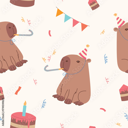 Seamless pattern with cute capybaras and cake. Birthday print in a simple children's style.