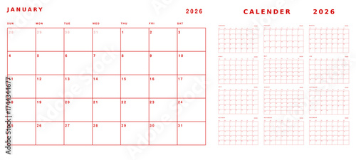 Minimal Red 2026 Calendar Template – Clean Modern Yearly Planner Design