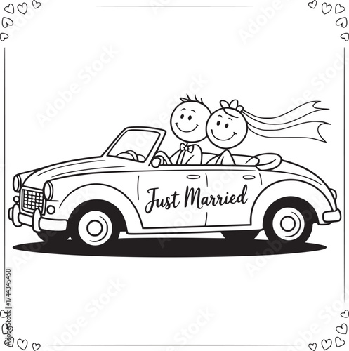 Wedding Couple in a Convertible: A whimsical illustration depicts a newlywed couple joyfully riding in a classic convertible car, with Just Married elegantly scripted on its side.
