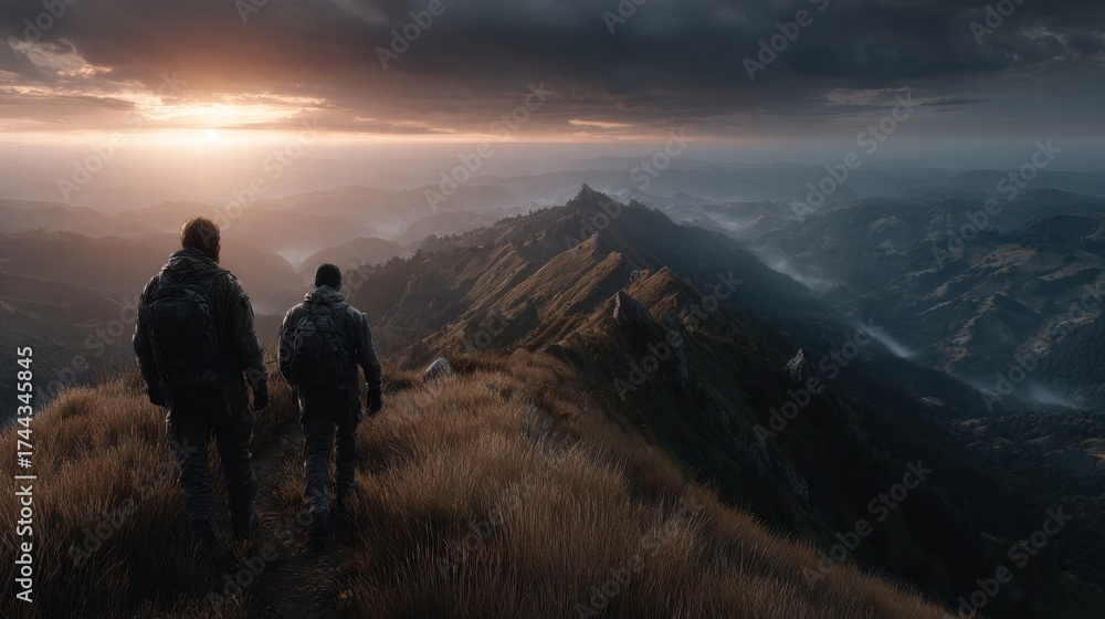 Fototapeta premium Two hikers reach a mountain at sunset