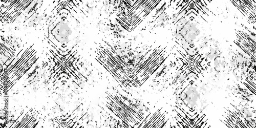 Abstract black and white grunge geometric pattern with textured diagonal lines and diamond shapes
