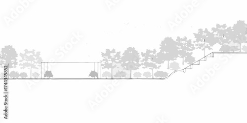 Architectural elevation drawing of a modern building with a swing set surrounded by trees and a sloped staircase leading upwards
