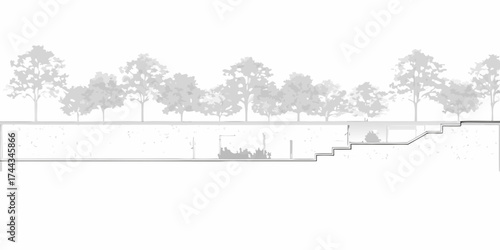 Architectural cross section showing underground structure with trees above and a stepped entrance leading down