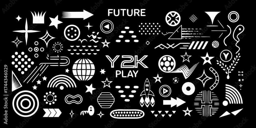 Obraz premium Y2k play future retro futuristic graphic elements and icons collection on black background