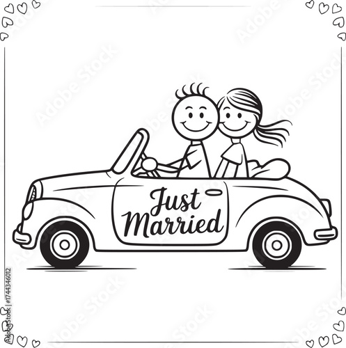 Joyful Honeymoon Ride:  A newlywed couple embarks on their happily-ever-after in a vintage convertible, the phrase Just Married adorning the car.
