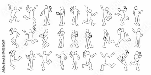 Collection of simple line art human figures in various dynamic poses using smartphones and mobile devices
