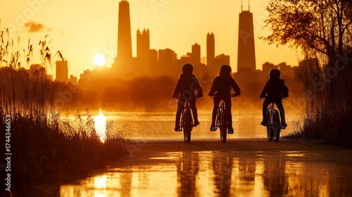 Three children enjoy a scenic bike ride at sunset, silhouetted against a city skyline