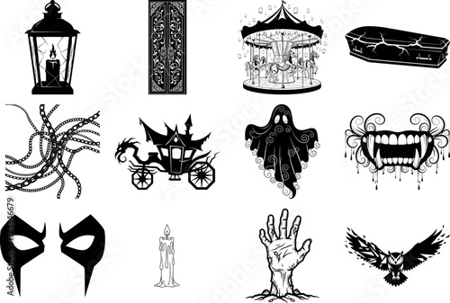 Vector art of set of black and white graphic elements for halloween, featuring a coffin, ghost, vampire teeth, and carriage