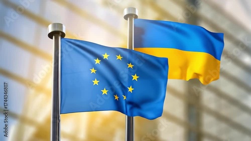 EU and Ukraine flags on poles