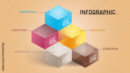 This 3D infographic features five multicolored cubes stacked on top of each other. Designed for business presentations, workflow steps, project timelines, and marketing strategies.